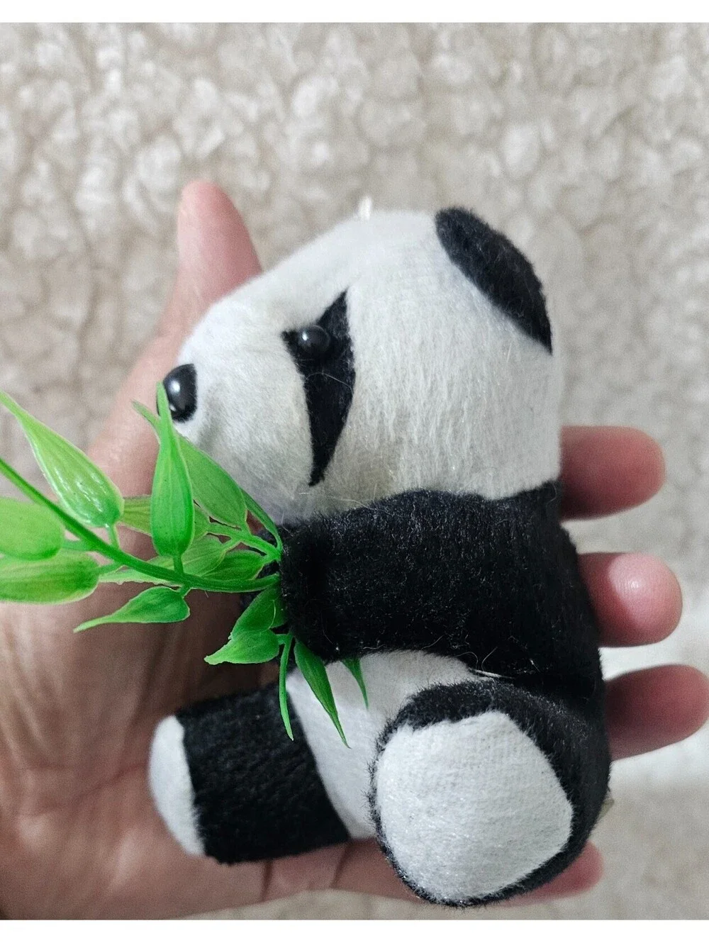 Mini Small Panda Bear Plush Keychain With Bamboo Toy Black & White 4